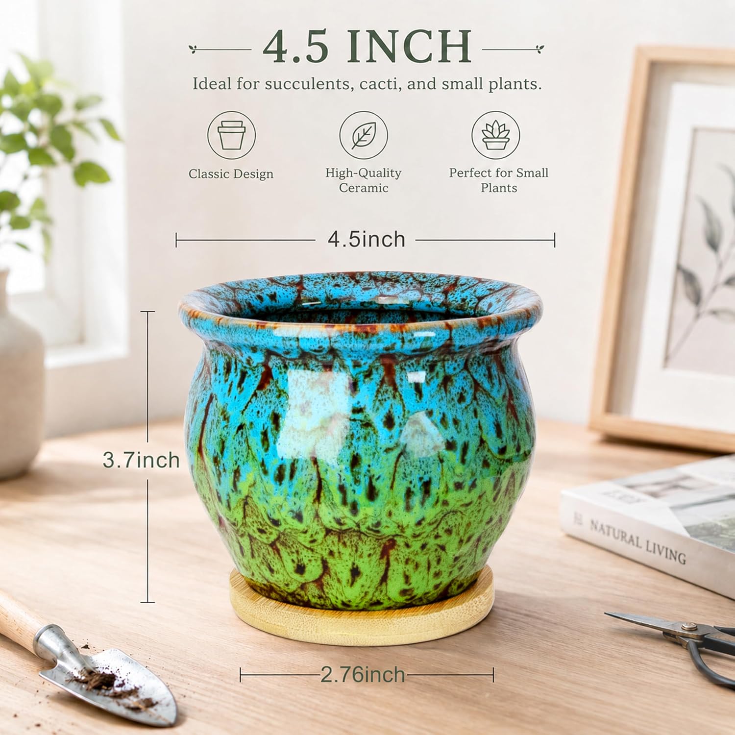 ARTKETTY 4.5 Inch Plant Pots, Small Pots for Plant Indoor, Ceramic Planter with Tray