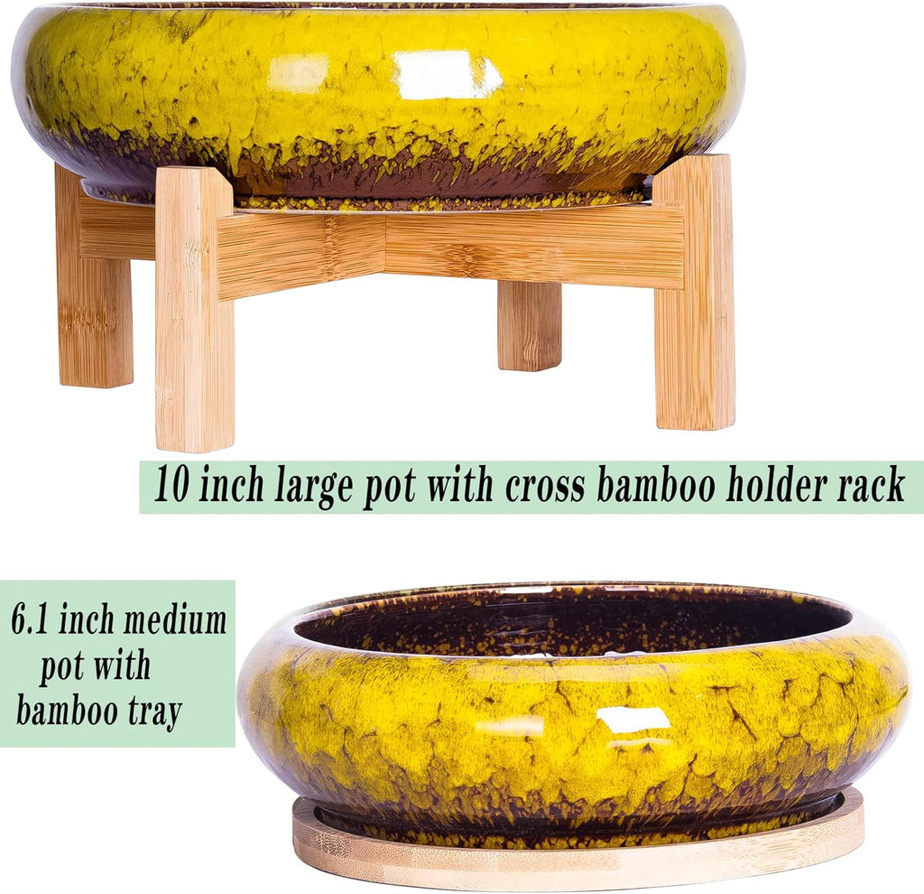 ARTKETTY Succulent Pots - 7.3/10 Inch Large Plant Pot Ceramic Bonsai Planter with Drainage Tray, Shallow Planters for Succulents Cactus Flower Small Plants Birthday Gifts for Women