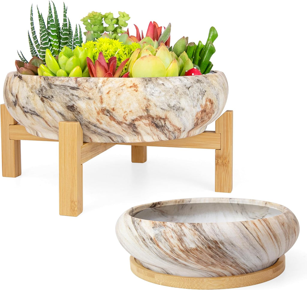 ARTKETTY Succulent Pots- 7.3/10 Inch Large Plant Pots Set of 2 | Shallow Bonsai Pots with Drainage Tray, Ceramic Planters for Indoor Cactus Marble Flower Plant Container Bowl