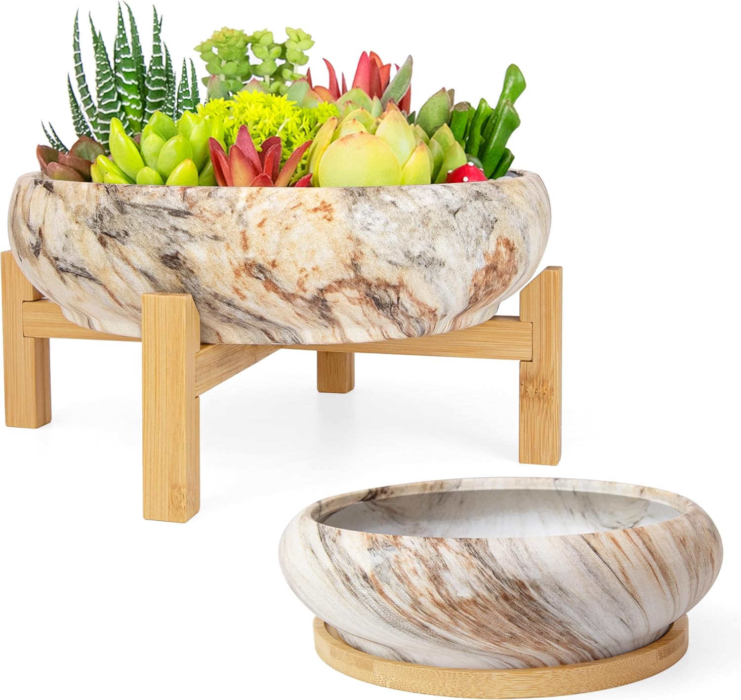 ARTKETTY Succulent Pots- 7.3/10 Inch Large Plant Pots Set of 2 | Shallow Bonsai Pots with Drainage Tray, Ceramic Planters for Indoor Cactus Marble Flower Plant Container Bowl