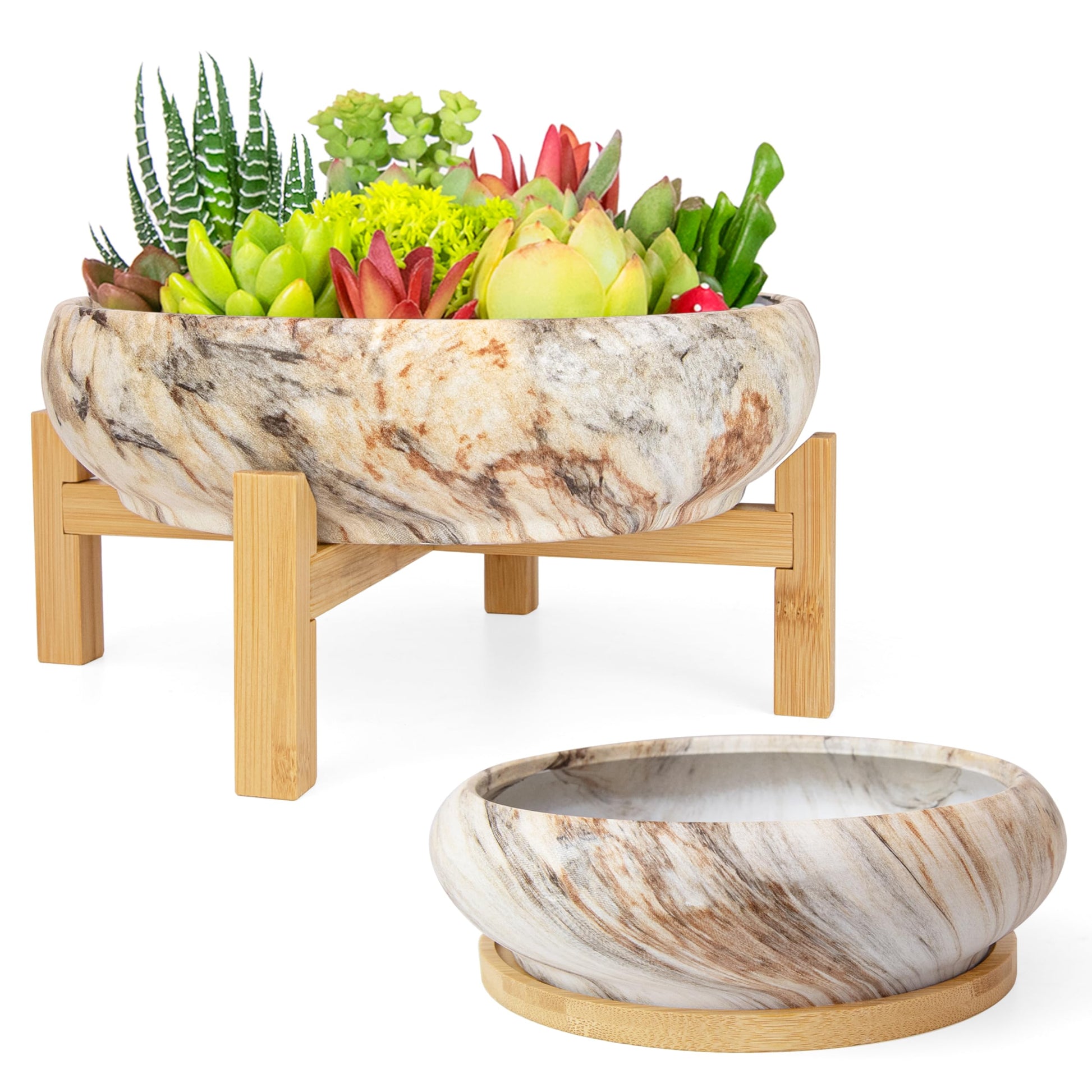 ARTKETTY Succulent Pots- 7.3/10 Inch Large Plant Pots Set of 2 | Shallow Bonsai Pots with Drainage Tray, Ceramic Planters for Indoor Cactus Marble Flower Plant Container Bowl