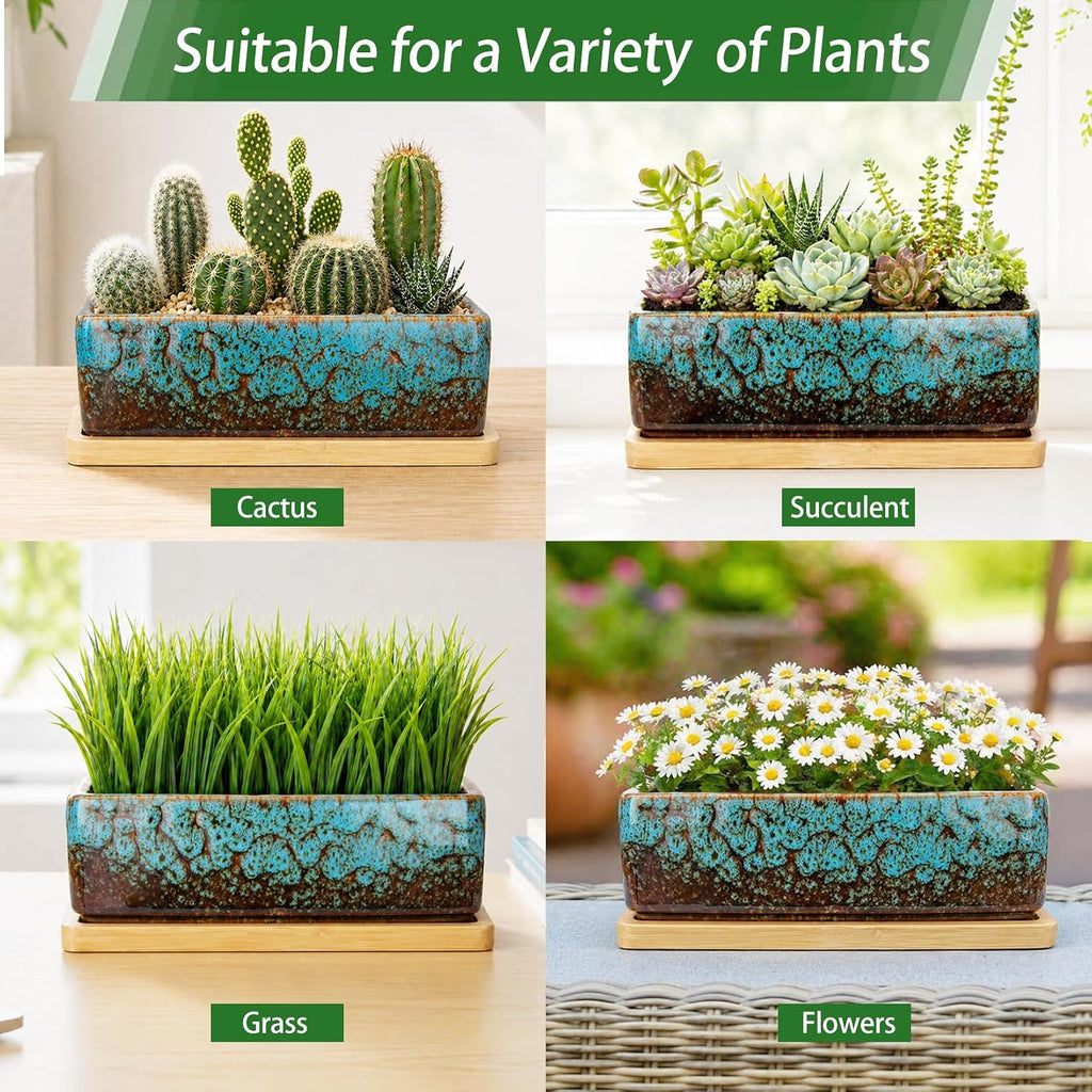 ARTKETTY Succulent Pots - 7 Inch Large Succulent Planters with Drainage Tray, Window Sill Planter, Long Rectangle Ceramic Pots for Indoor Cactus Plants Shallow Bonsai Window Box for Home Garden Decor