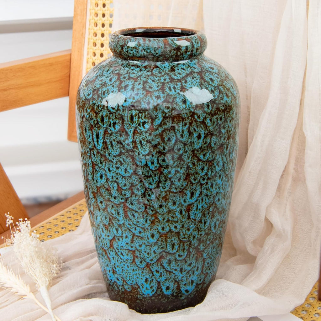 Unique Ceramic Flower Vase, Modern Home Decor for Living Room, Tables, Shelves & Enterways,11Inch Tall Glaze Blue Vase Gift for Housewarming, Wedding, Birthday