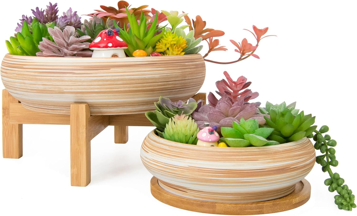 ARTKETTY Succulent Pots - 7.3/10 Inch Large Plant Pot Ceramic Bonsai Planter with Drainage Tray, Shallow Planters for Succulents Cactus Flower Small Plants Birthday Gifts for Women