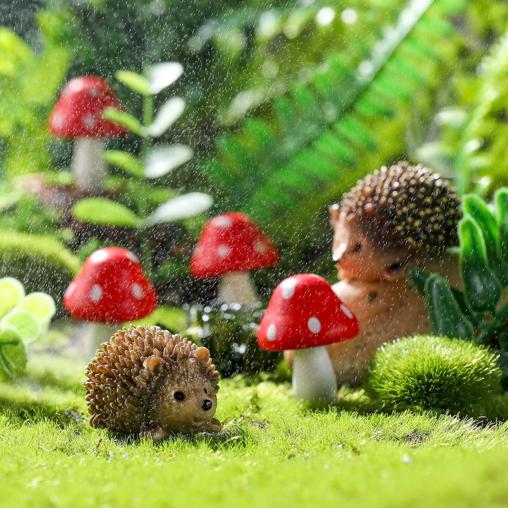 Hedgehogs & Red Mushroom Fairy Garden Set, 6 Pcs Miniature Ornaments for Planters, Terrariums & Home Decor