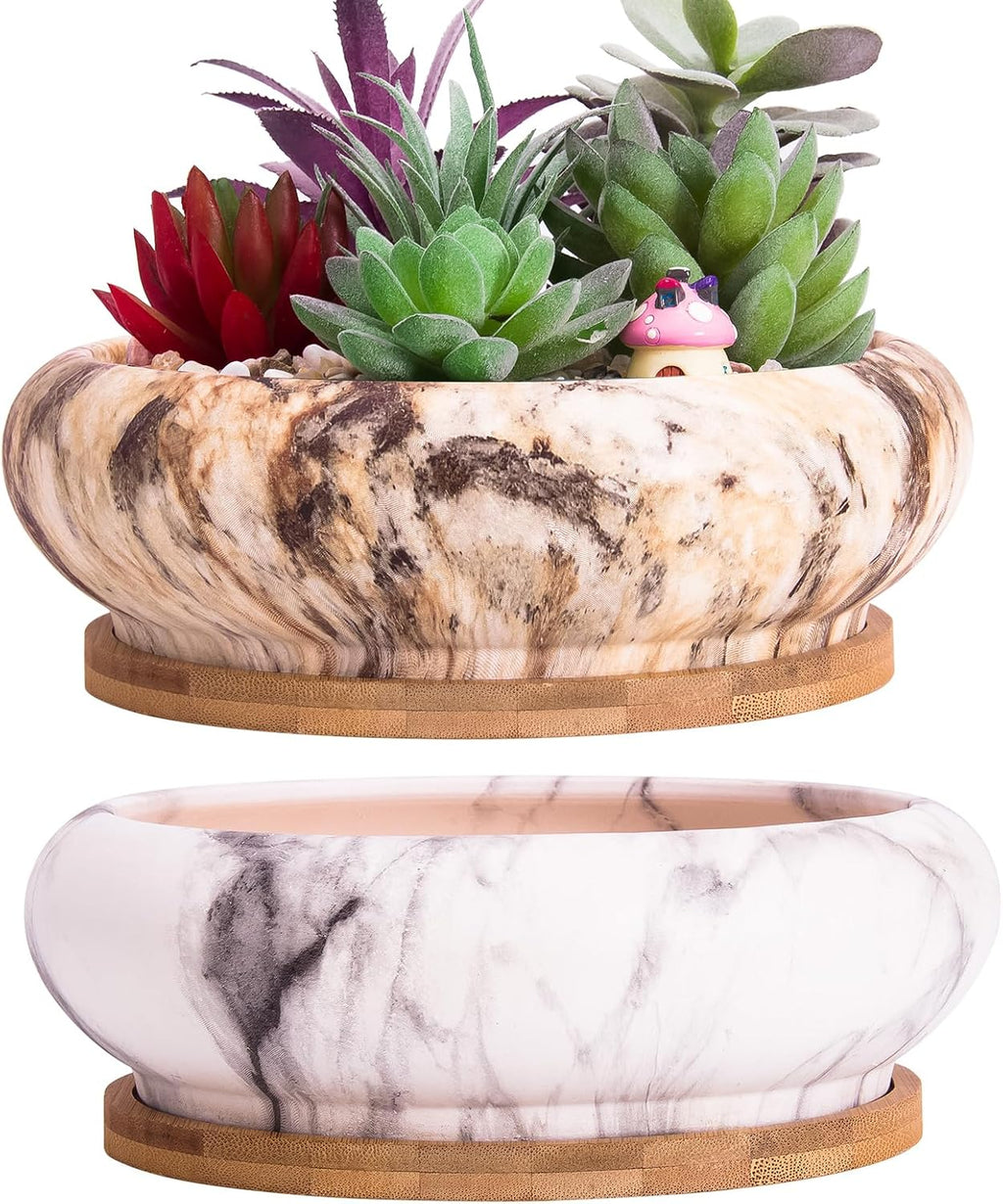 ARTKETTY Succulent Pots - 7.3 Inch Ceramic Bonsai Pots with Trays Set of 2, Large Succulent Plant Pots with Drainage Shallow Planters for Indoor Plants Marble Cactus Flower Plant Container Bowl