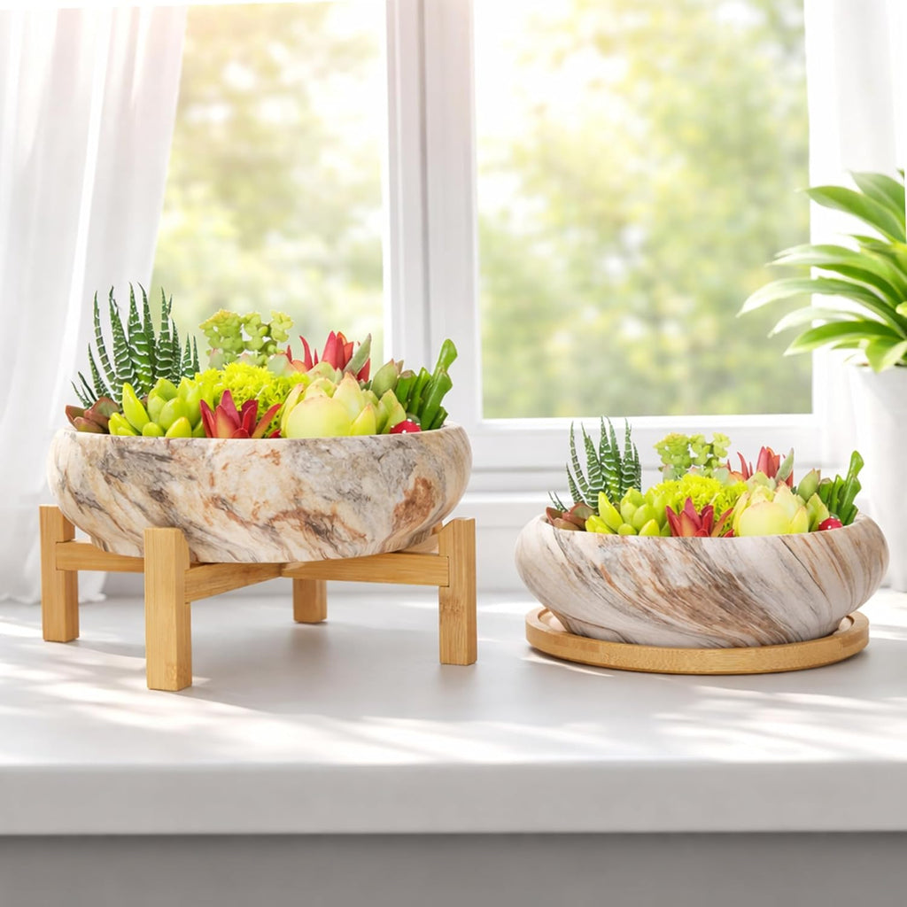 ARTKETTY Succulent Pots- 7.3/10 Inch Large Plant Pots Set of 2 | Shallow Bonsai Pots with Drainage Tray, Ceramic Planters for Indoor Cactus Marble Flower Plant Container Bowl