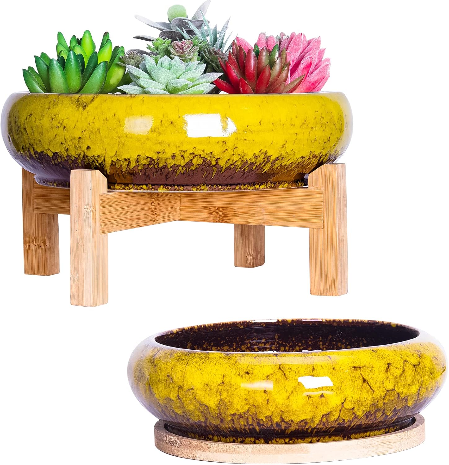ARTKETTY Succulent Pots - 7.3/10 Inch Large Plant Pot Ceramic Bonsai Planter with Drainage Tray, Shallow Planters for Succulents Cactus Flower Small Plants Birthday Gifts for Women