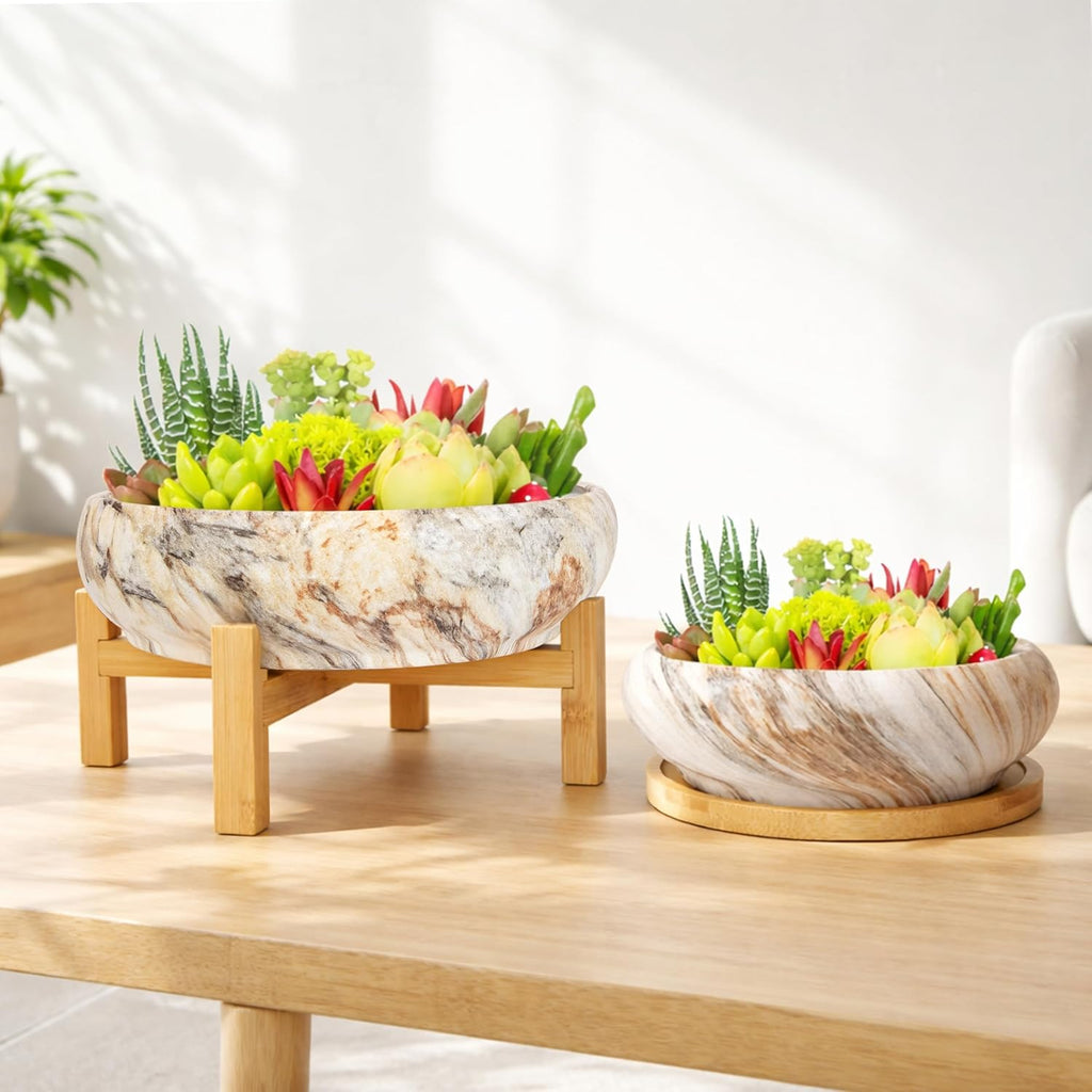 ARTKETTY Succulent Pots- 7.3/10 Inch Large Plant Pots Set of 2 | Shallow Bonsai Pots with Drainage Tray, Ceramic Planters for Indoor Cactus Marble Flower Plant Container Bowl