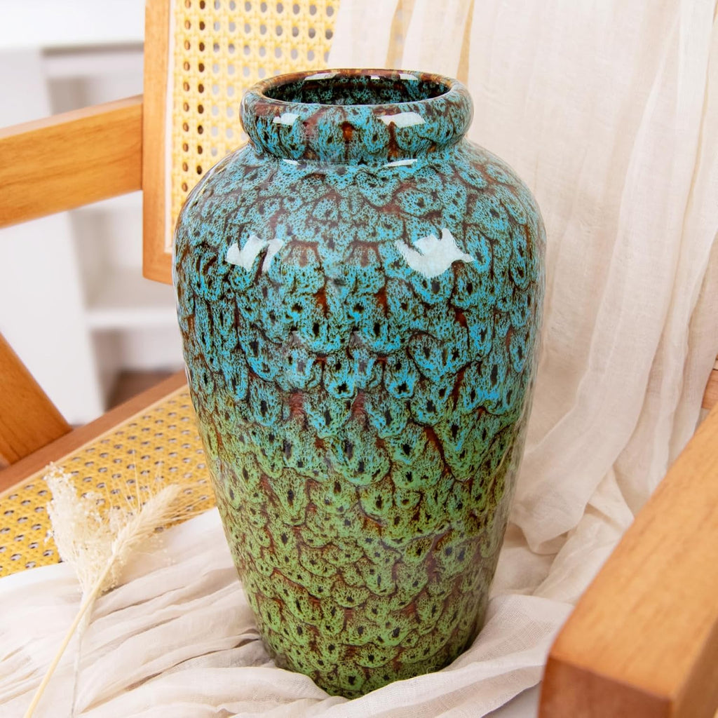 Unique Ceramic Flower Vase, Modern Home Decor for Living Room, Tables, Shelves & Enterways,11Inch Tall Blue Green Vase Gift for Housewarming, Wedding, Birthday