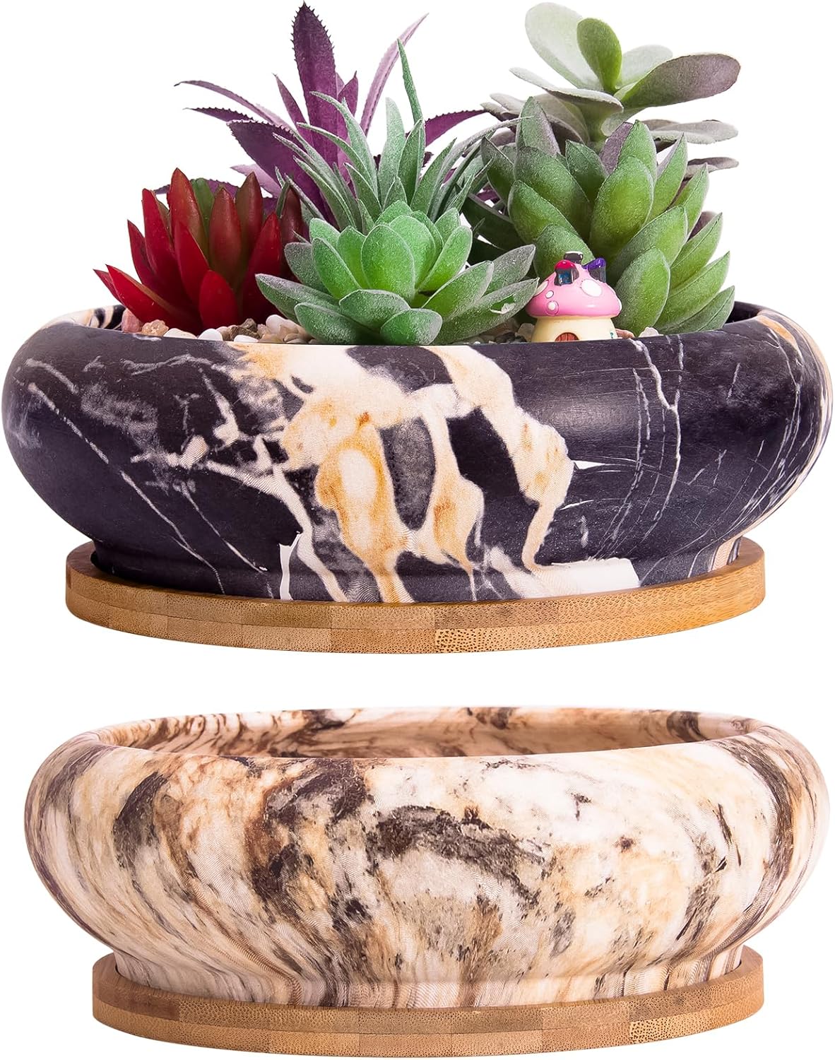 ARTKETTY Succulent Pots - 7.3 Inch Ceramic Bonsai Pots with Trays Set of 2, Large Succulent Plant Pots with Drainage Shallow Planters for Indoor Plants Marble Cactus Flower Plant Container Bowl