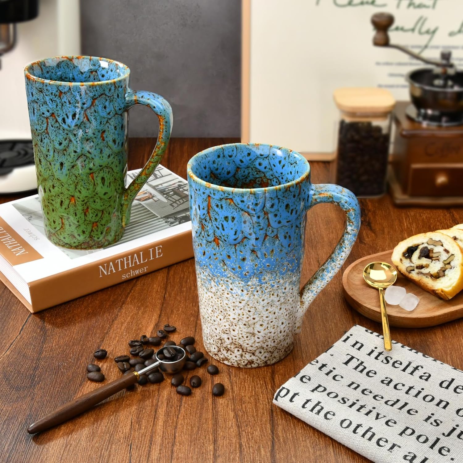 20 OZ Large Coffee Mugs, Coffee Cups Ceramic Tall Coffee Mugs with Handle, Unique Latte Tea Cup for Office and Home, Novelty Gifts for Men and Women, Set of 2 (White & Blue)