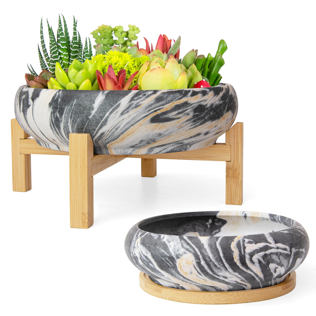 ARTKETTY Succulent Pots- 7.3/10 Inch Large Plant Pots Set of 2 | Shallow Bonsai Pots with Drainage Tray, Ceramic Planters for Indoor Cactus Marble Flower Plant Container Bowl