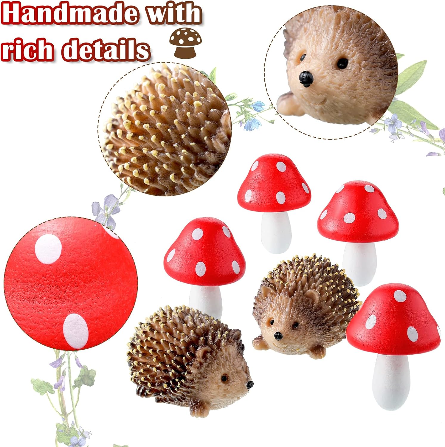 Hedgehogs & Red Mushroom Fairy Garden Set, 6 Pcs Miniature Ornaments for Planters, Terrariums & Home Decor