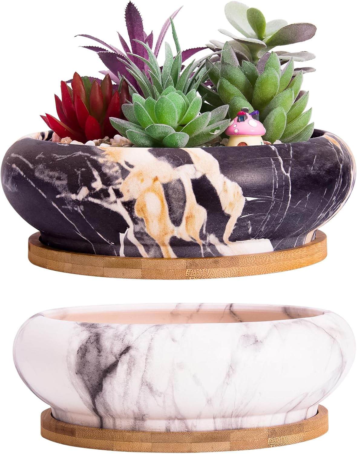 ARTKETTY Succulent Pots - 7.3 Inch Ceramic Bonsai Pots with Trays Set of 2, Large Succulent Plant Pots with Drainage Shallow Planters for Indoor Plants Marble Cactus Flower Plant Container Bowl