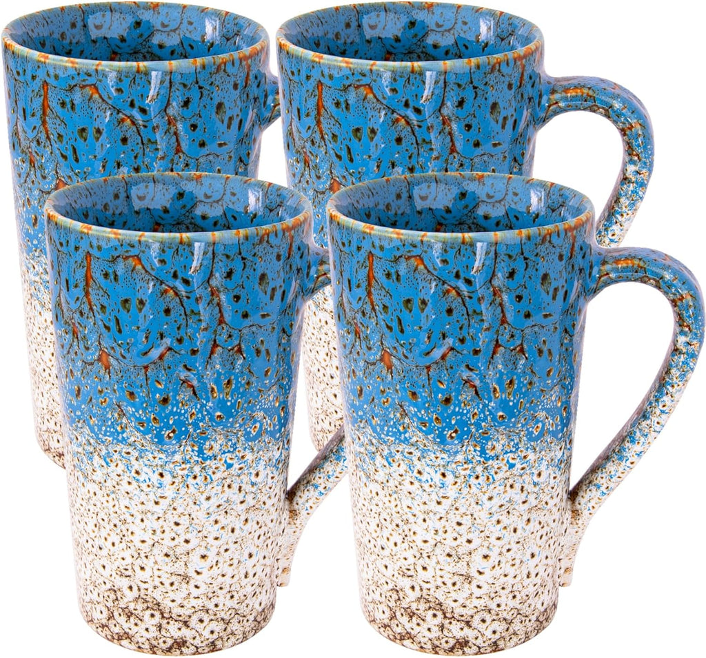 20oz Porcelain Coffee Mugs Set of 4, Large Tall Coffee Mugs with Handles, Modern Ceramic Coffee Cups for Coffee, Tea, Cocoa, Milk, Gifts for Women Men - White & Blue