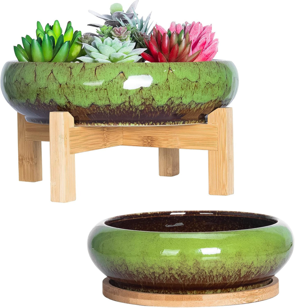 ARTKETTY Succulent Pots - 7.3/10 Inch Large Plant Pot Ceramic Bonsai Planter with Drainage Tray, Shallow Planters for Succulents Cactus Flower Small Plants Birthday Gifts for Women