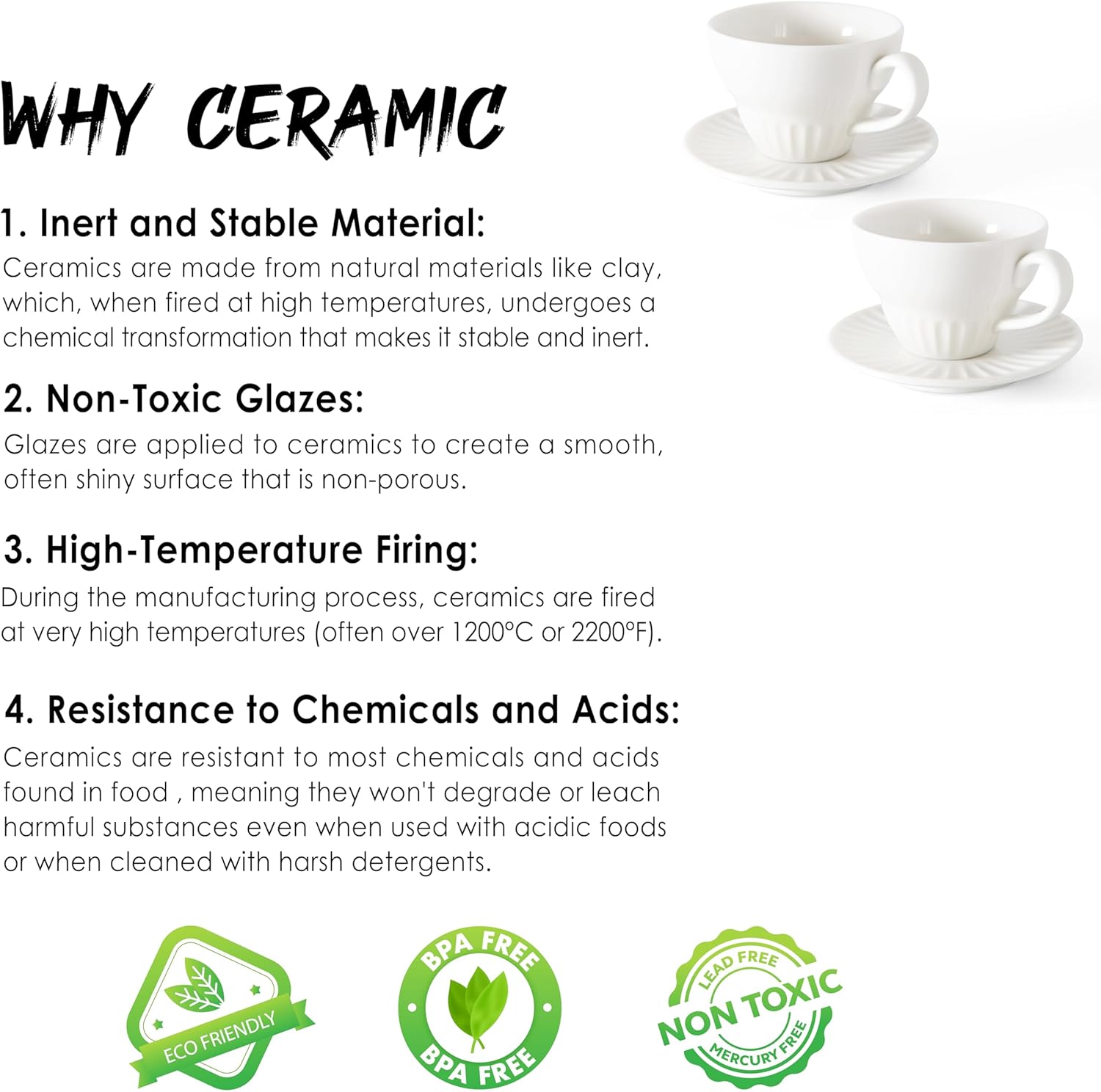 White Tea Cups and Saucers- 4oz Stackable Ceramic Espresso Cups & Cappuccino Cup Set of 2 for Coffee, Latte, and Tea, Durable Porcelain tea Set & Modern Latte Cup Collection
