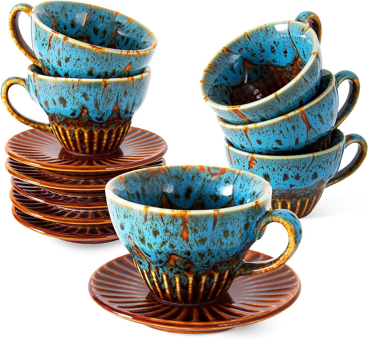 2 oz Espresso Cups Set of 6, Ceramic Cappuccino Cups with Saucers, Stackable Coffee Cup for Macchiato, Single shot, Tea, Coffee Lover Gifts, Glazed Blue