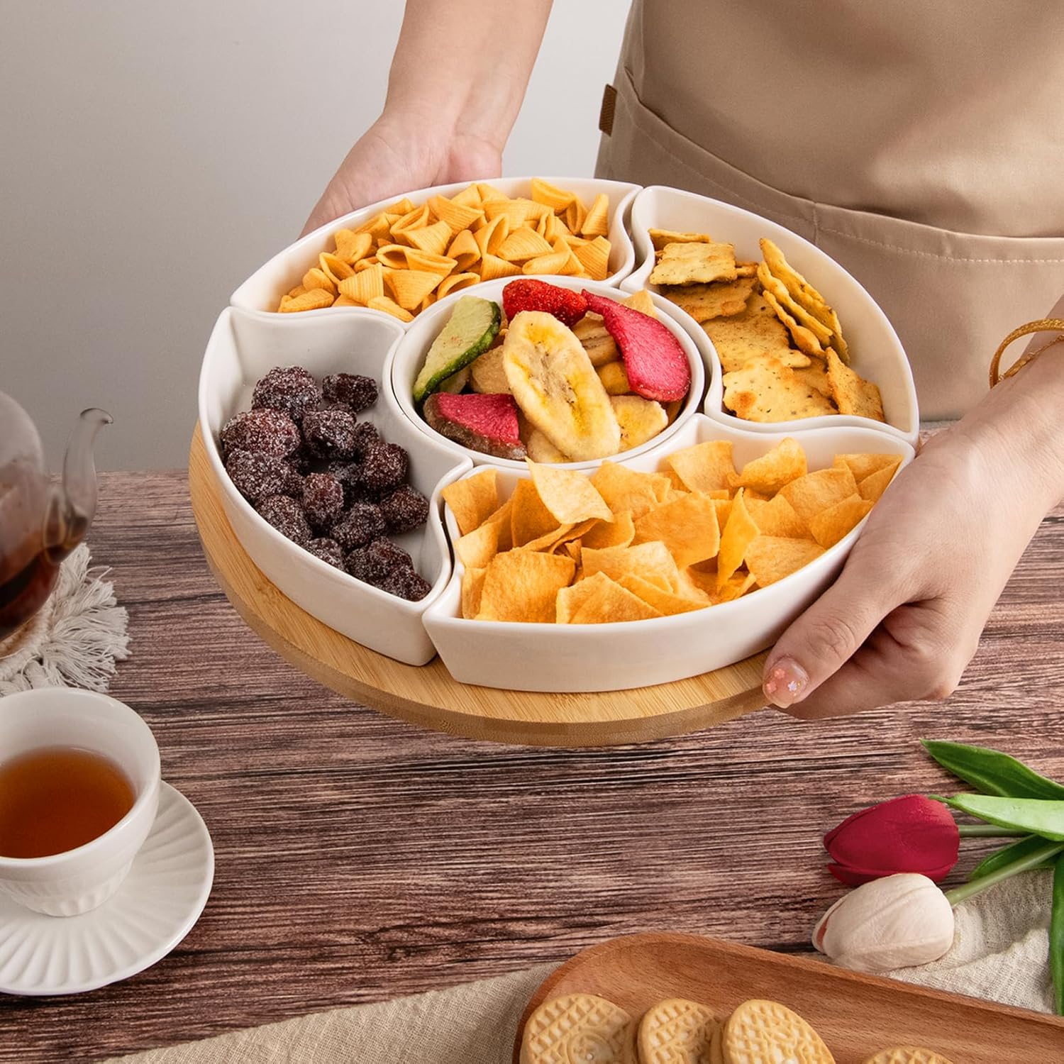 Serving Tray, Rotatable Serving Platters and Trays-11 Inch Divided Serving Dishes for Parties Kitchen Decor, Removable Serving Bowls for Chips and Dip, Condiment, Fruit, Veggies, Nut, Candy and Snacks