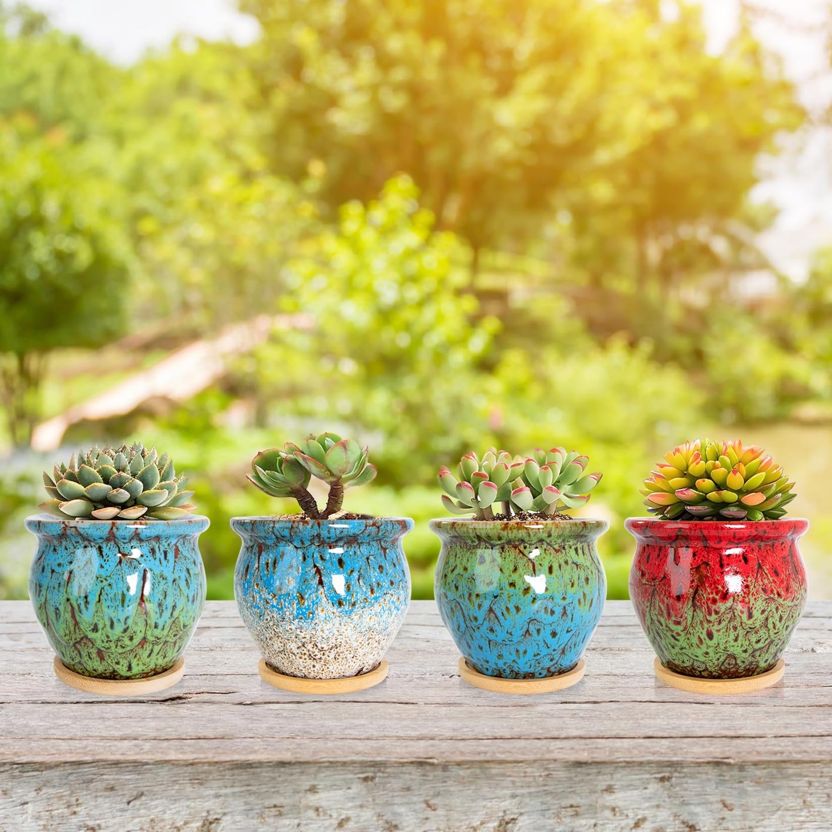 ARTKETTY Succulent Pots, 4 Pack Small Plant Pots with Drainage Tray | 4 Inch Flower Pots, Ceramic Planters for Indoor, Home Office Desk Decor