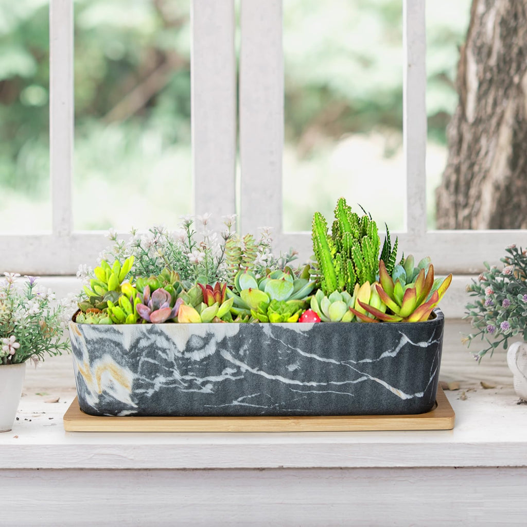 ARTKETTY 12'' Large Long Rectangular Planter, Ceramic Succulent Pots with Drainage Tray, Shallow Windowsill Succulent Planters for Indoor Cactus Bonsai Plants, Marble Window Box Home Office Decor