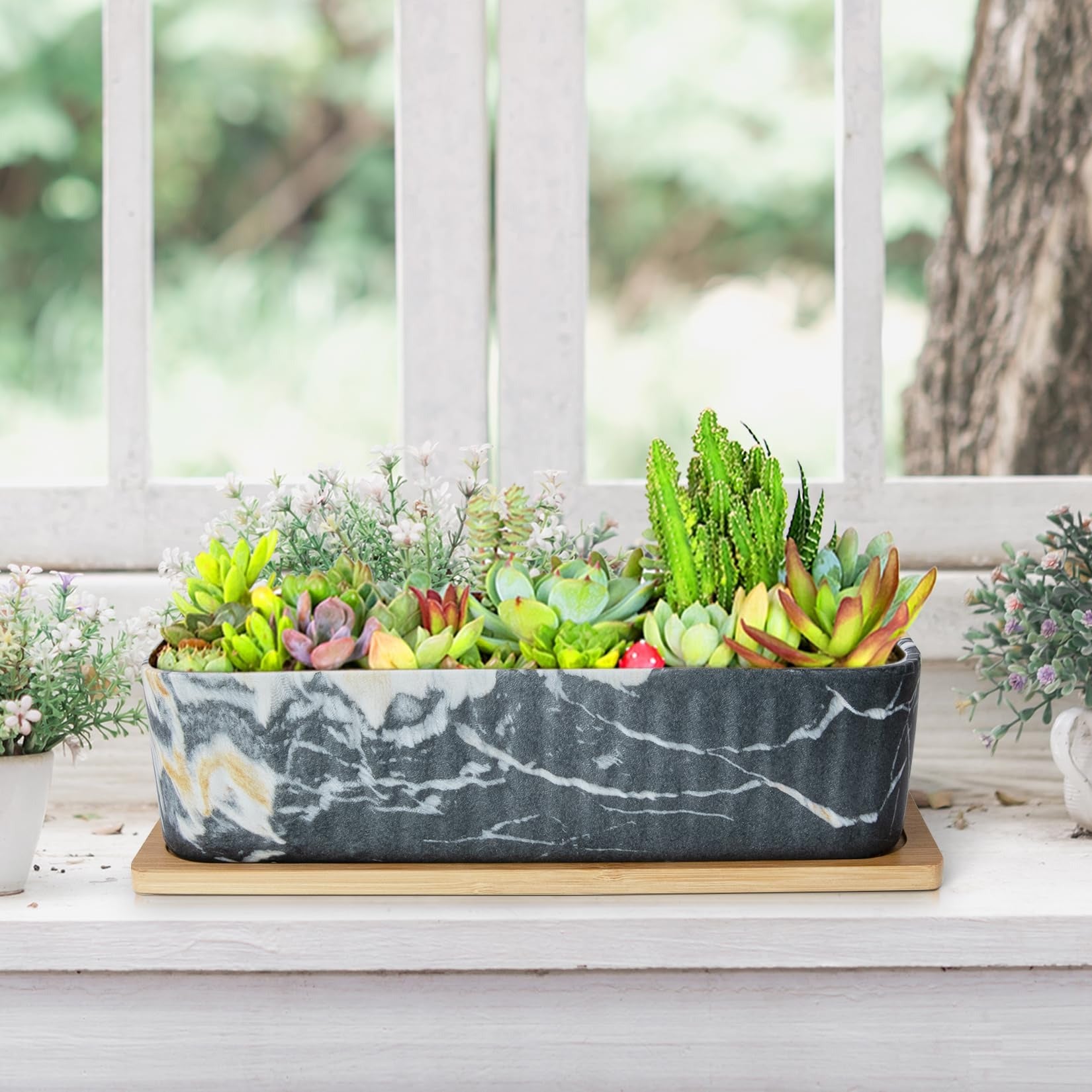 ARTKETTY 12'' Large Long Rectangular Planter, Ceramic Succulent Pots with Drainage Tray, Shallow Windowsill Succulent Planters for Indoor Cactus Bonsai Plants, Marble Window Box Home Office Decor