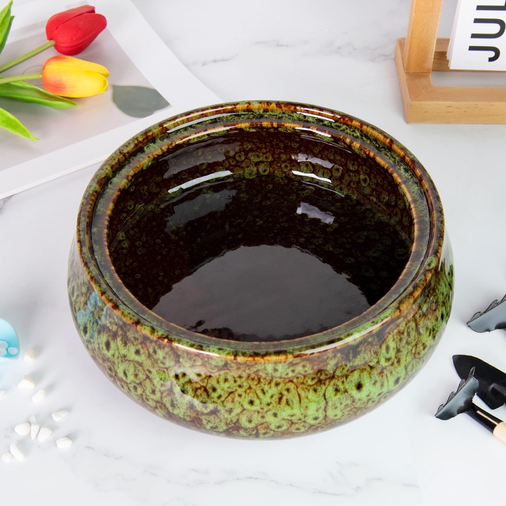 Lotus Bowl Planter - 8 Inch Large Lotus Flower Bowl for Water Plants, Ceramic Hydroponic Planter Water Lily Bowl for Planting Aquatic and Indoor Succulent Plants and Bonsai