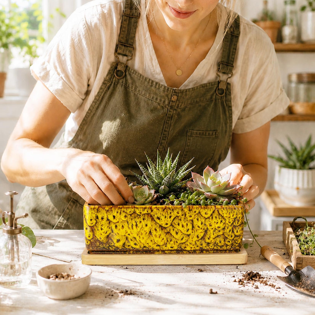 ARTKETTY Succulent Pots - 7 Inch Large Succulent Planters with Drainage Tray, Window Sill Planter, Long Rectangle Ceramic Pots for Indoor Cactus Plants Shallow Bonsai Window Box for Home Garden Decor