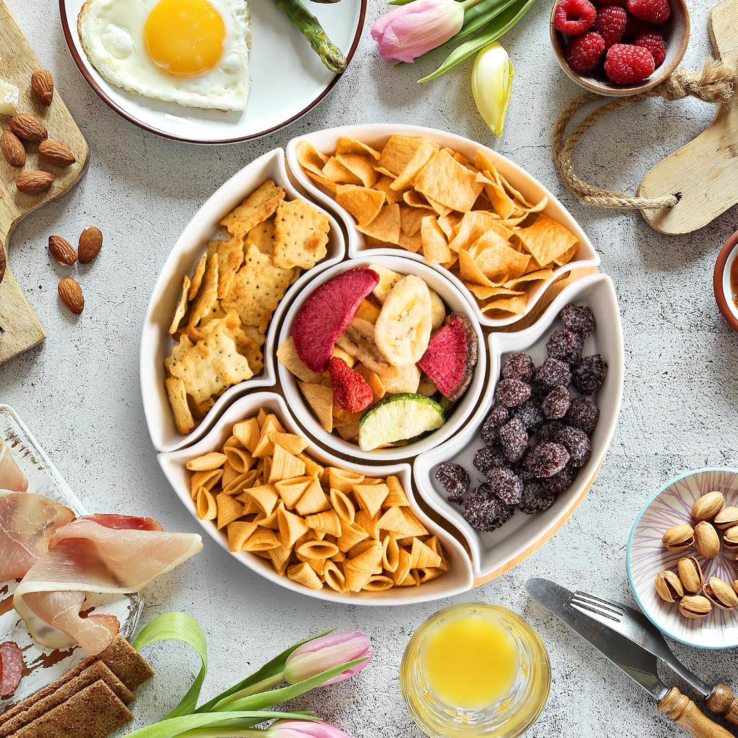 Serving Tray, Rotatable Serving Platters and Trays-11 Inch Divided Serving Dishes for Parties Kitchen Decor, Removable Serving Bowls for Chips and Dip, Condiment, Fruit, Veggies, Nut, Candy and Snacks