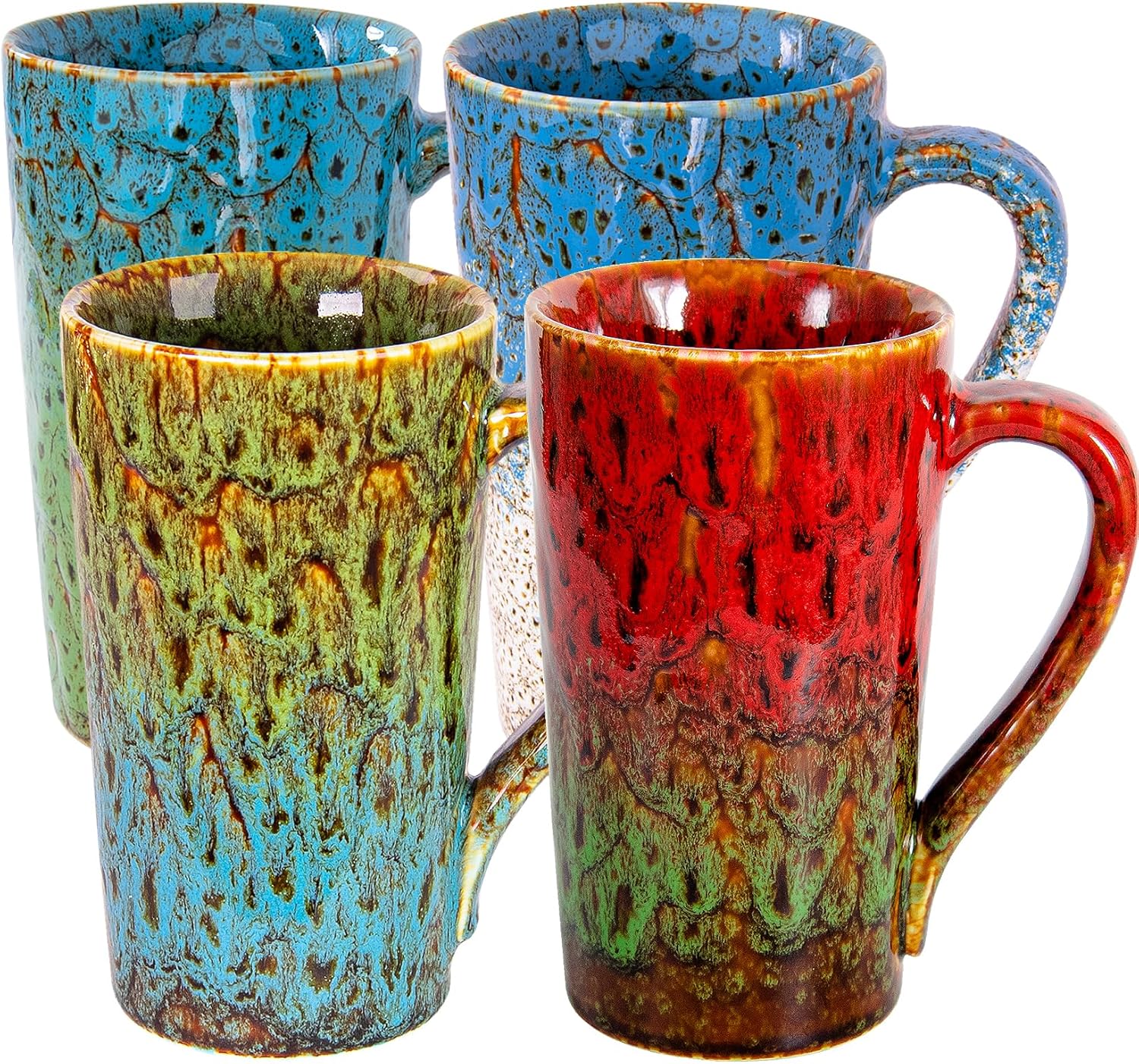 20oz Porcelain Coffee Mugs Set of 4, Large Tall Coffee Mugs with Handles, Modern Ceramic Coffee Cups for Coffee, Tea, Cocoa, Milk, Gifts for Women Men - Green & Blue