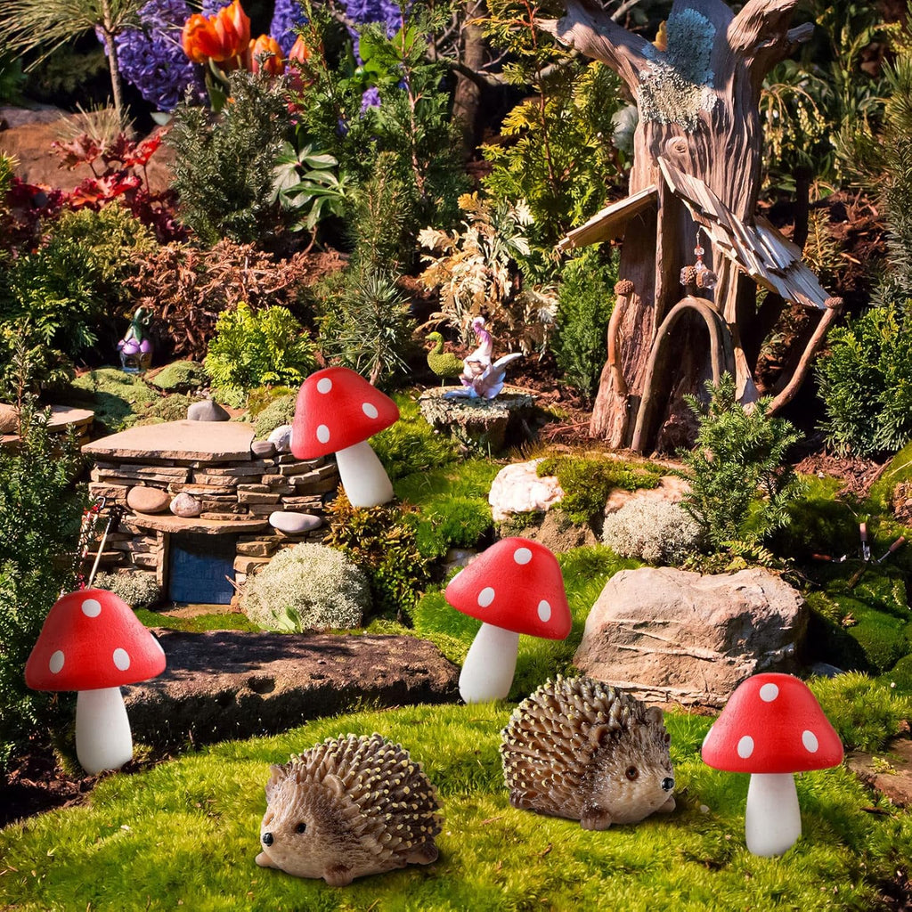 Hedgehogs & Red Mushroom Fairy Garden Set, 6 Pcs Miniature Ornaments for Planters, Terrariums & Home Decor