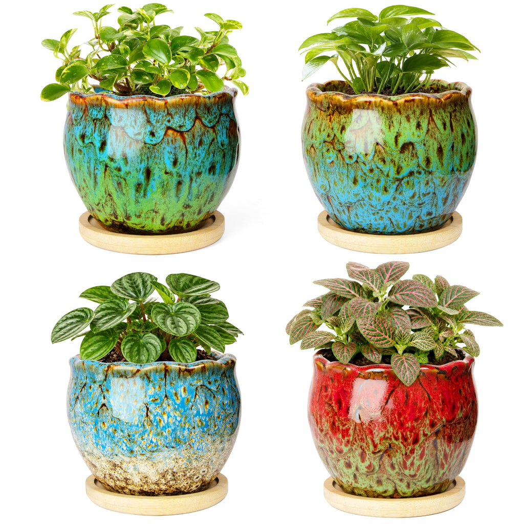 ARTKETTY Succulent Pots, 4 Pack Small Plant Pots with Drainage Tray | 4 Inch Flower Pots, Ceramic Planters for Indoor, Home Office Desk Decor