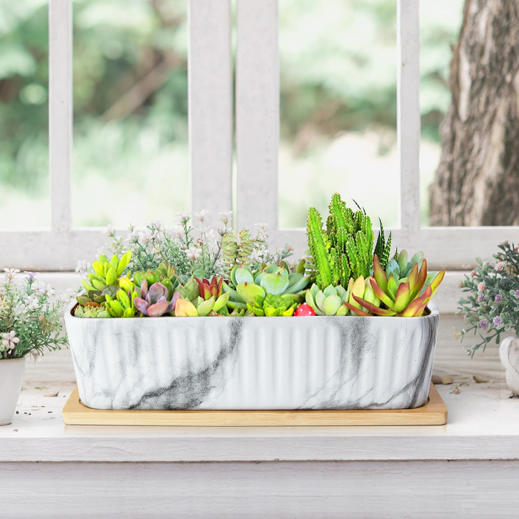 ARTKETTY 12'' Large Long Rectangular Planter, Ceramic Succulent Pots with Drainage Tray, Shallow Windowsill Succulent Planters for Indoor Cactus Bonsai Plants, Marble Window Box Home Office Decor
