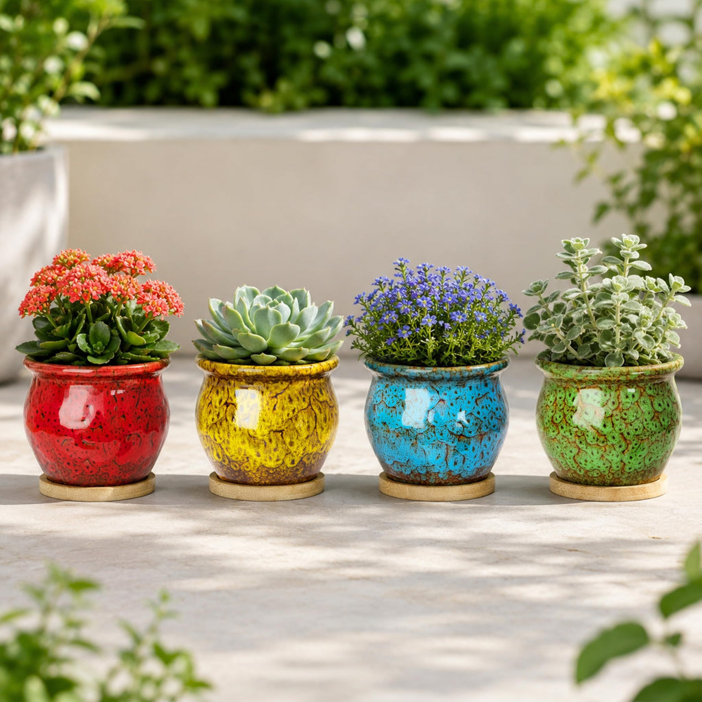 ARTKETTY Succulent Pots, 4 Pack Small Plant Pots with Drainage Tray | 4 Inch Flower Pots, Ceramic Planters for Indoor, Home Office Desk Decor