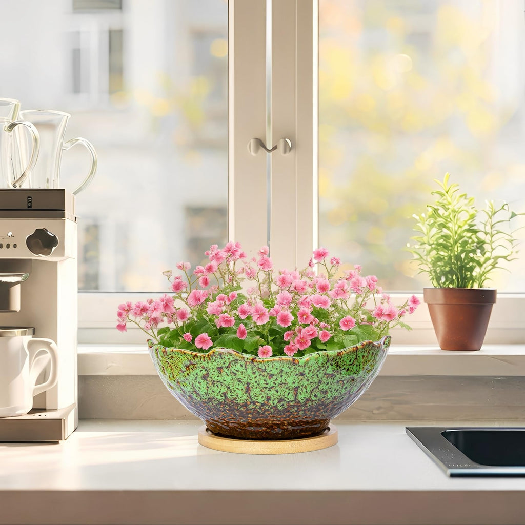 ARTKETTY Bonsai Pots - 9.06 Inch Large Plant Pots, Unique Succulent Pots with Drainage Tray, Ceramic Planters for Indoor Cactus Flower Plants Round Bonsai Tree Pots Decorative Home Office