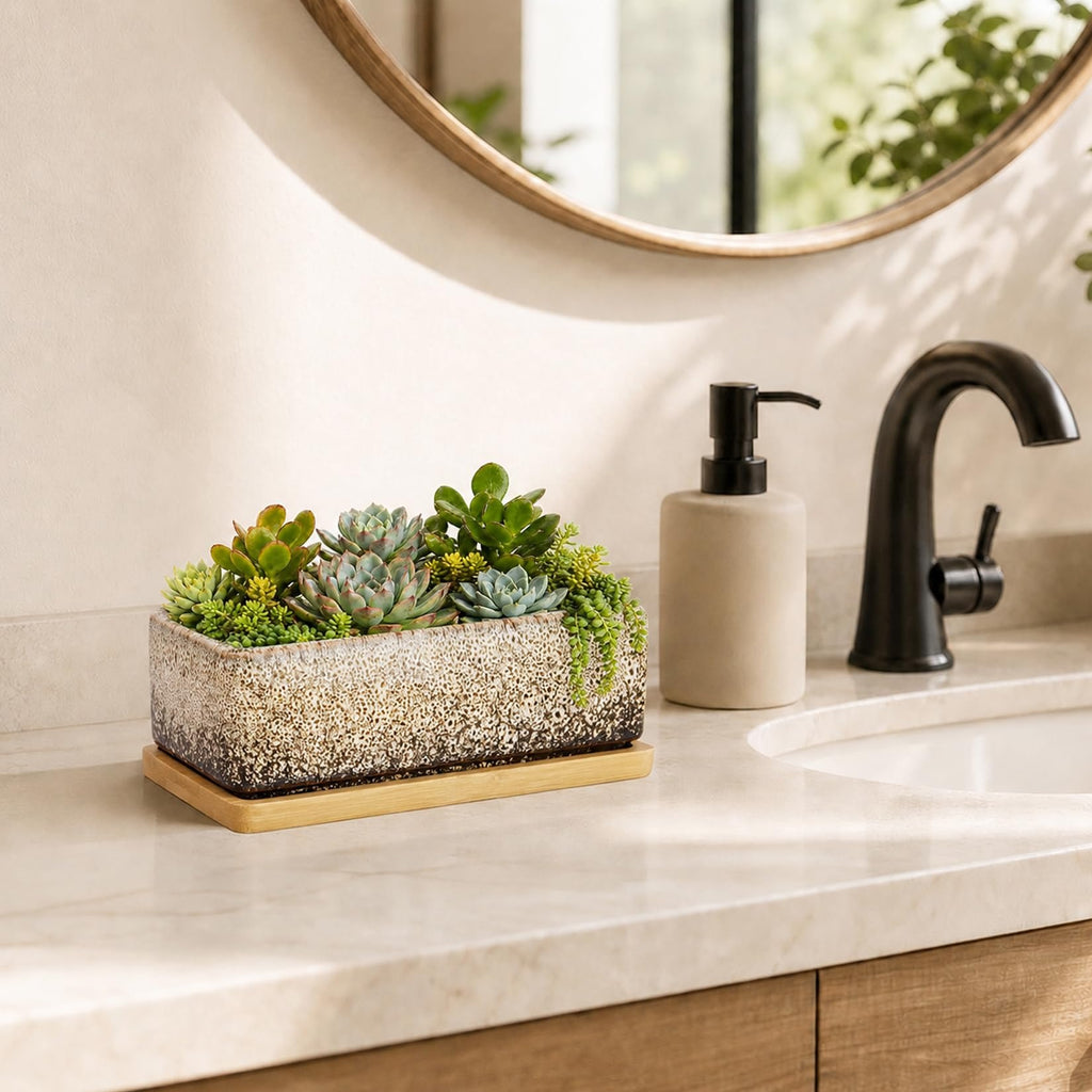 ARTKETTY Succulent Pots - 7 Inch Large Succulent Planters with Drainage Tray, Window Sill Planter, Long Rectangle Ceramic Pots for Indoor Cactus Plants Shallow Bonsai Window Box for Home Garden Decor