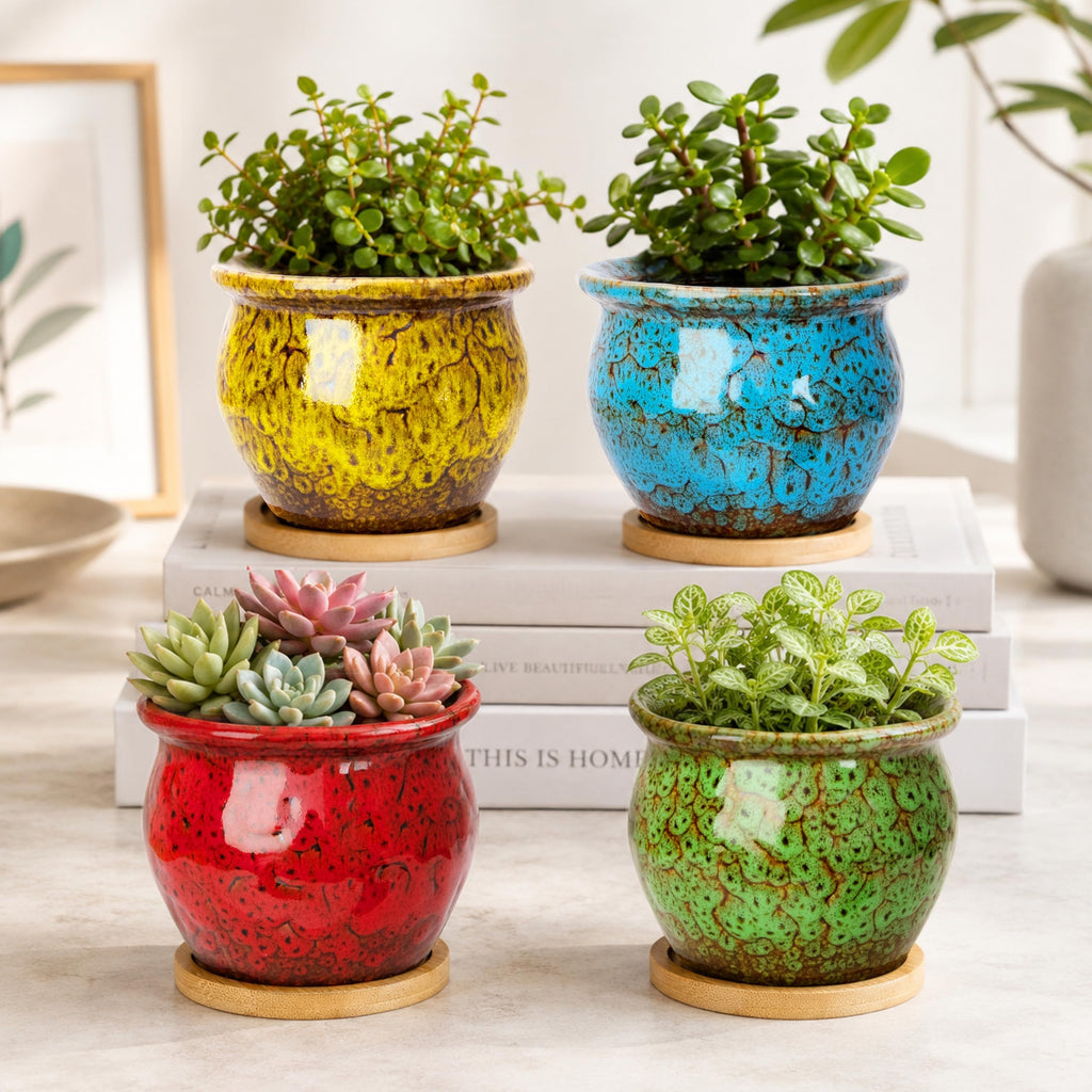 ARTKETTY Succulent Pots, 4 Pack Small Plant Pots with Drainage Tray | 4 Inch Flower Pots, Ceramic Planters for Indoor, Home Office Desk Decor