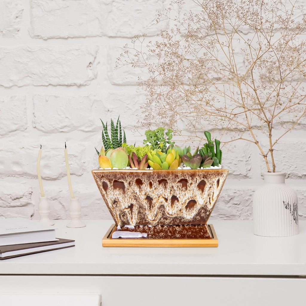 ARTKETTY Succulent Pots - 7 Inch Large Plant Pots with Drainage Tray | Shallow Ceramic Pots for Indoor Plants, Modern Cactus Bonsai Plant Container Decorative Home Office
