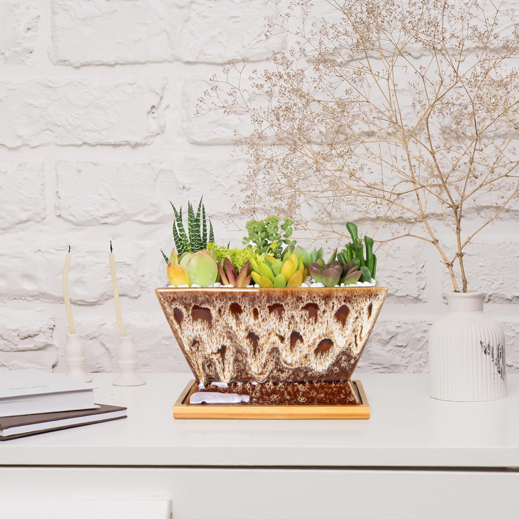 ARTKETTY Succulent Pots - 7 Inch Large Plant Pots with Drainage Tray | Shallow Ceramic Pots for Indoor Plants, Modern Cactus Bonsai Plant Container Decorative Home Office