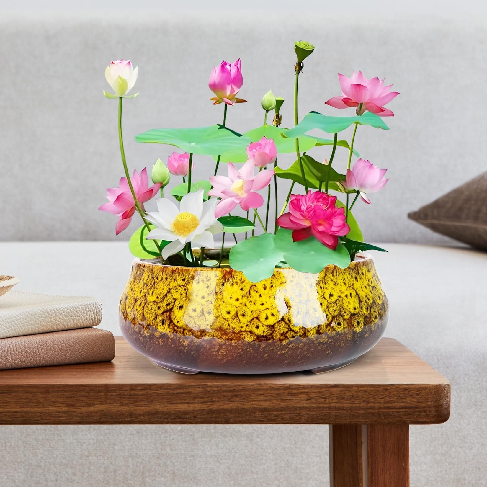 Lotus Bowl Planter - 8 Inch Large Lotus Flower Bowl for Water Plants, Ceramic Hydroponic Planter Water Lily Bowl for Planting Aquatic and Indoor Succulent Plants and Bonsai