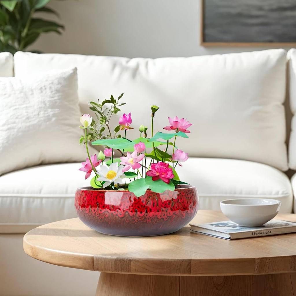 ARTKETTY Lotus Bowl Planter - 8 Inch Large Lotus Flower Bowl for Water Plants, Ceramic Bonsai Bowl for Hydroponic Plant Succulent Plants Indoors Outdoor