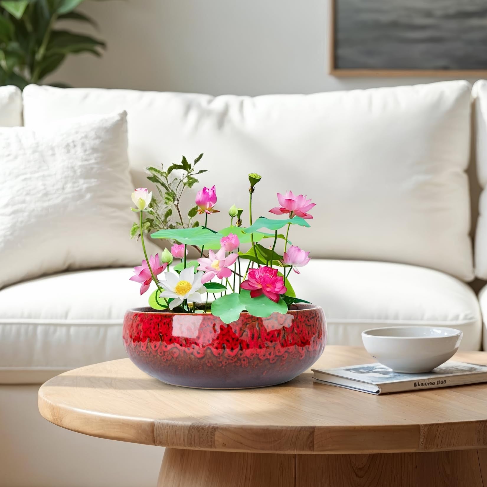 ARTKETTY Lotus Bowl Planter - 8 Inch Large Lotus Flower Bowl for Water Plants, Ceramic Bonsai Bowl for Hydroponic Plant Succulent Plants Indoors Outdoor