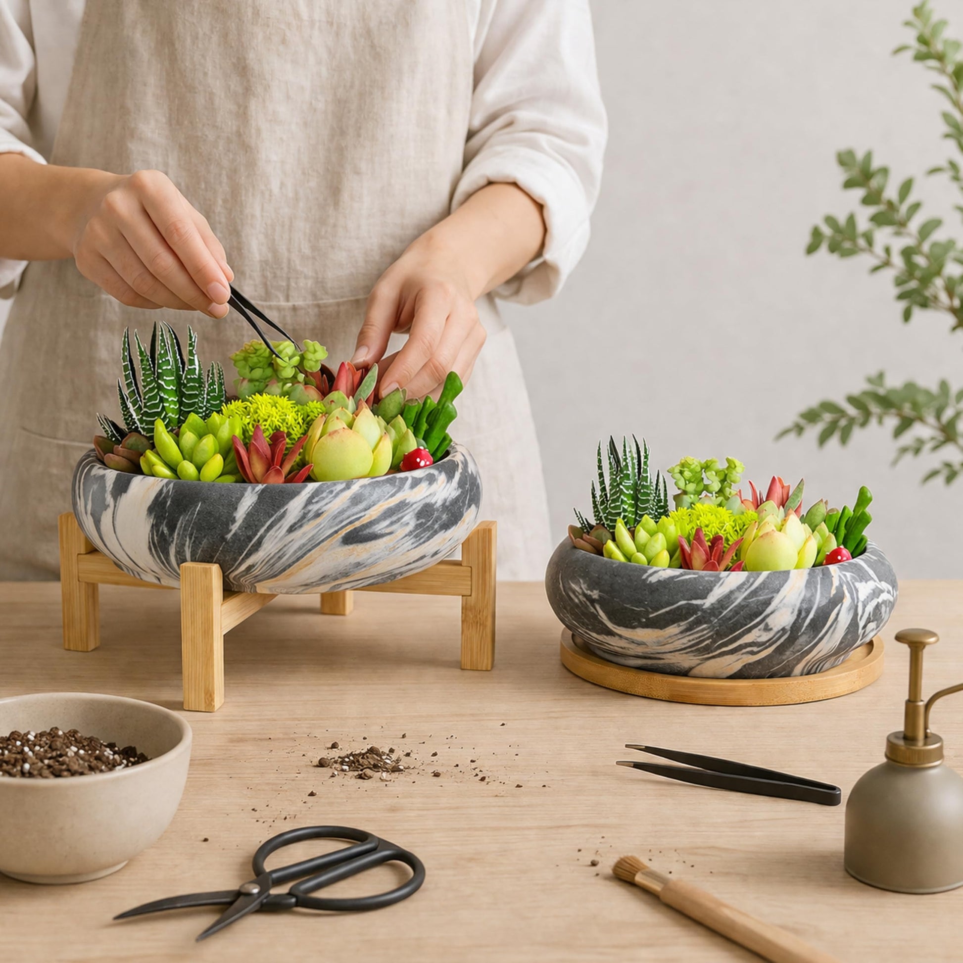 ARTKETTY Succulent Pots- 7.3/10 Inch Large Plant Pots Set of 2 | Shallow Bonsai Pots with Drainage Tray, Ceramic Planters for Indoor Cactus Marble Flower Plant Container Bowl