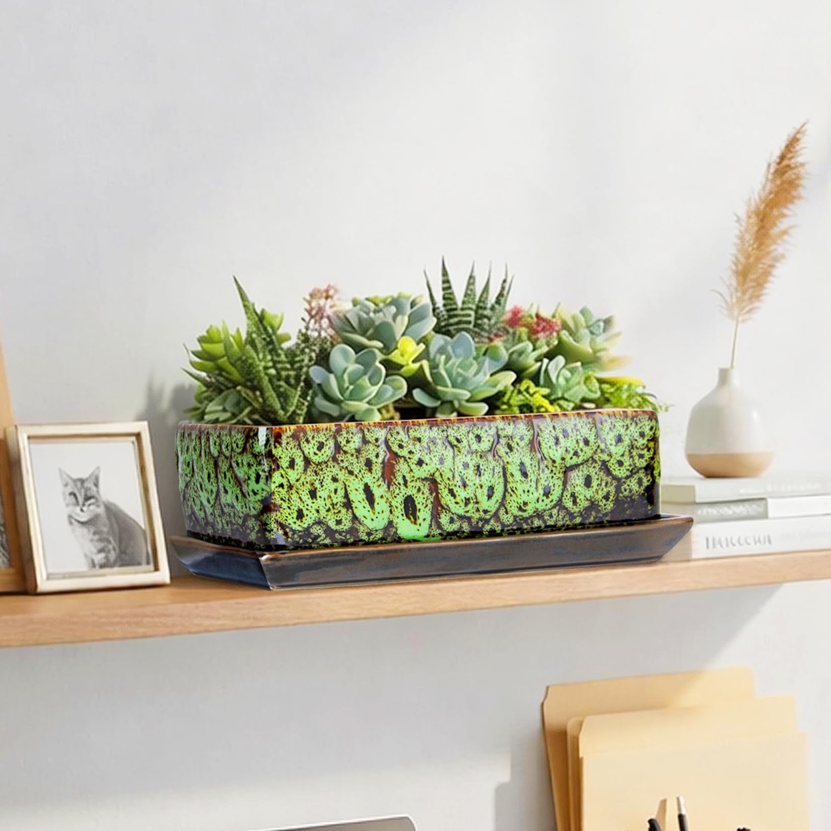 ARTKETTY Succulent Pots - Long Rectangle Succulent Planters with Drainage Tray, Window Sill Planter, Ceramic Pots for Indoor Cactus Plants Shallow Bonsai Window Box for Home Garden Decor