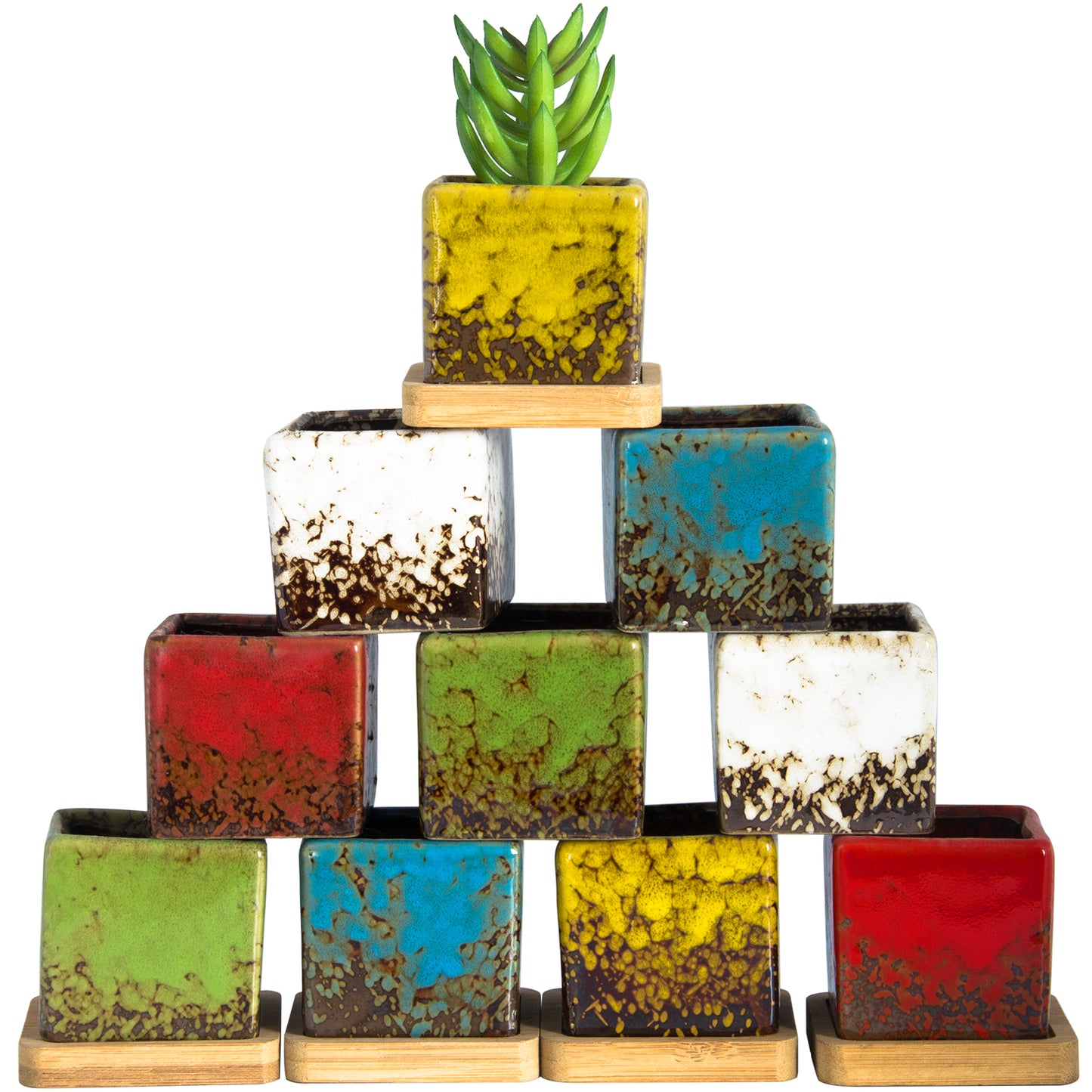 ARTKETTY Set of 10 Succulent Pots with Drainage Trays, 2.1 Inch Ceramic Pots for Indoor Flower Plants, Small Square Cactus Planter Pots Bulk for Garden Home Desk Windowsill Decor