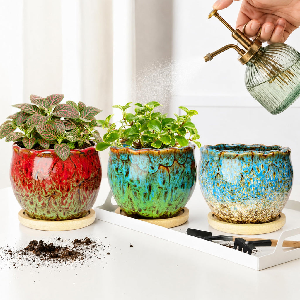 ARTKETTY Succulent Pots, 4 Pack Small Plant Pots with Drainage Tray | 4 Inch Flower Pots, Ceramic Planters for Indoor, Home Office Desk Decor