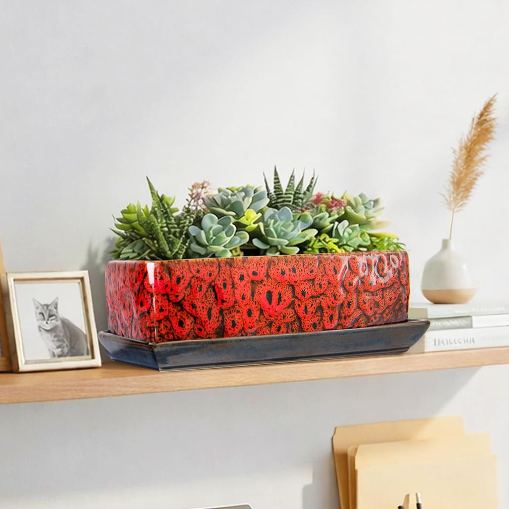 ARTKETTY Succulent Pots - Long Rectangle Succulent Planters with Drainage Tray, Window Sill Planter, Ceramic Pots for Indoor Cactus Plants Shallow Bonsai Window Box for Home Garden Decor