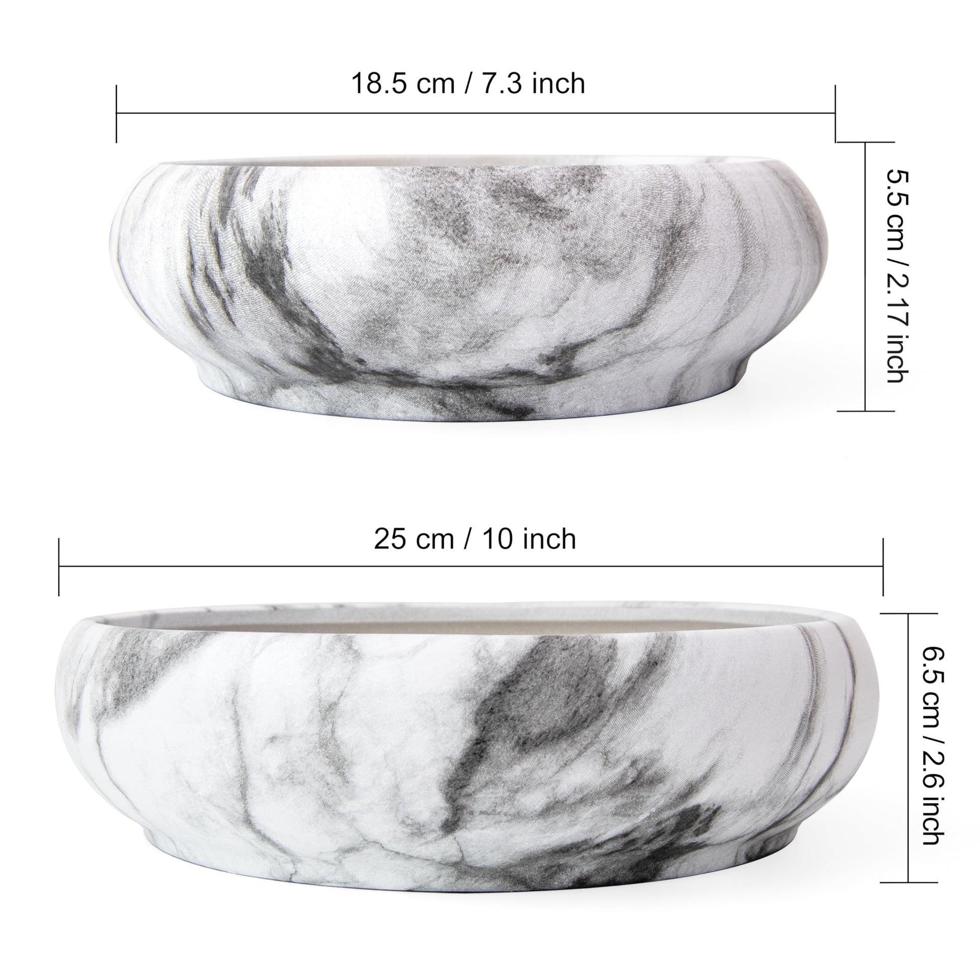 ARTKETTY Succulent Pots- 7.3/10 Inch Large Plant Pots Set of 2 | Shallow Bonsai Pots with Drainage Tray, Ceramic Planters for Indoor Cactus Marble Flower Plant Container Bowl