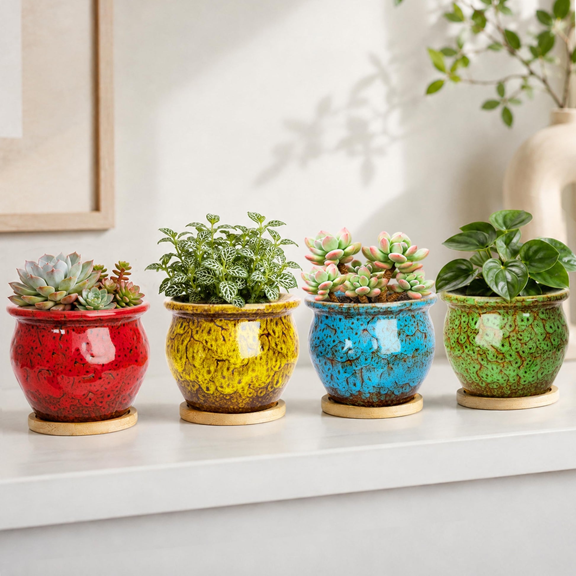 ARTKETTY Succulent Pots, 4 Pack Small Plant Pots with Drainage Tray | 4 Inch Flower Pots, Ceramic Planters for Indoor, Home Office Desk Decor